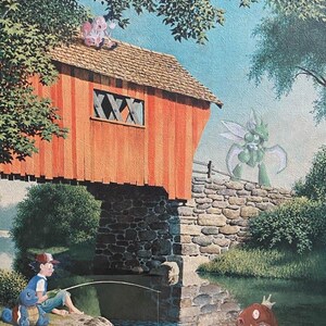 May include: A painting of a red covered bridge with a boy fishing in a river. The boy is sitting on a rock with a green turtle beside him. A green creature is standing on the other side of the river and a red fish is swimming in the water.