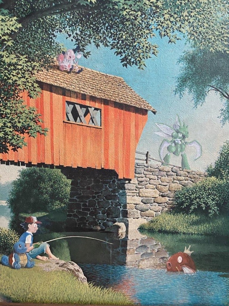 May include: A painting of a red covered bridge with a boy fishing in a river. The boy is sitting on a rock with a green turtle beside him. A green creature is standing on the other side of the river and a red fish is swimming in the water.