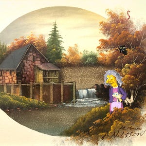 Simpsons crazy cat lady Upcycled thrift store landscape painting fine art print poster