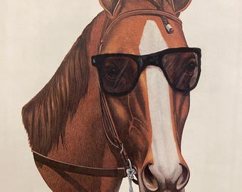 Silly horse with sunglasses tongue out Upcycled thrift store horse Painting Art Print