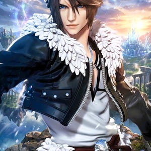 Puede incluir: Ilustración digital de un personaje con cabello castaño y ojos azules, vistiendo una chaqueta de cuero negra con adornos de plumas blancas. El personaje también lleva una camisa blanca y un cinturón marrón con hebilla plateada. El fondo presenta un paisaje de fantasía.