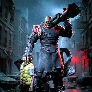 May include: A detailed action figure of a monstrous character from the Resident Evil video game series. The figure is holding a large weapon and standing in a ruined city street. The figure is wearing a dark outfit and has exposed flesh.