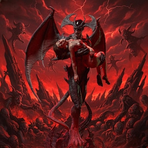 Peut inclure: Peinture numérique représentant une figure démoniaque avec de grandes ailes tenant une personne dans un paysage infernal et enflammé. L'œuvre présente une palette de couleurs rouge et noire, avec des éclairs et des figures grotesques en arrière-plan.