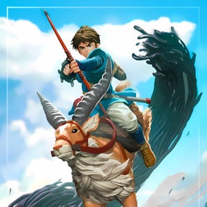 May include: Digital illustration of a person aiming a bow and arrow while riding a horned creature. The person wears a blue tunic and white trousers. The creature is brown and white with large horns and a red harness. A dark, amorphous shape is behind them.