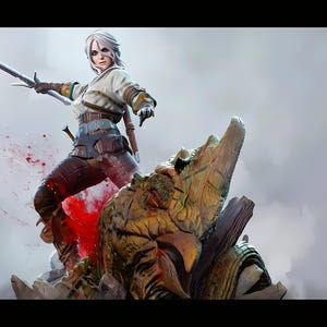 May include: A detailed figurine of a female warrior with white hair, wielding a sword, poised above a monster. The figure is clad in a white and brown outfit, with blood splatter adding a dramatic effect. The monster is green and brown.
