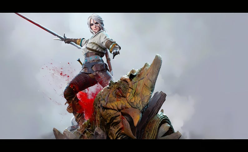 May include: A detailed figurine of a female warrior with white hair, wielding a sword, poised above a monster. The figure is clad in a white and brown outfit, with blood splatter adding a dramatic effect. The monster is green and brown.