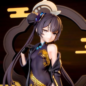 May include: A detailed figurine of a female anime character with dark hair styled in a bun and long pigtails. She wears a dark blue dress with a gold dragon design and a black jacket. A butterfly hair accessory adds a touch of colour.