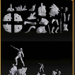 May include: A collection of 3D-printed model kit parts, including a figure with a sword, a bust, and various components. The image includes text that reads "26 PARTS 1:10 SCALE (SPLIT)", "1:10 SCALE (UNSPLIT)", "MINIATURE SCALE", and "1:10 SCALE (BUST)".
