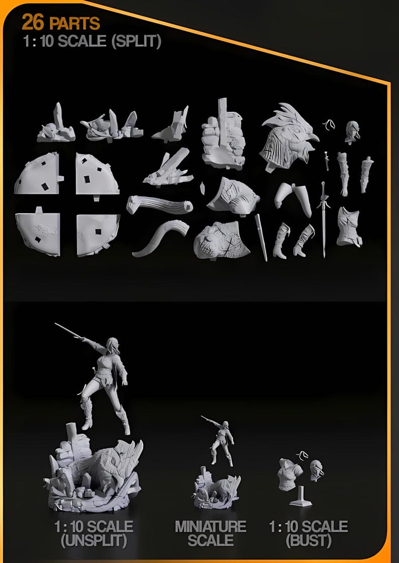 May include: A collection of 3D-printed model kit parts, including a figure with a sword, a bust, and various components. The image includes text that reads "26 PARTS 1:10 SCALE (SPLIT)", "1:10 SCALE (UNSPLIT)", "MINIATURE SCALE", and "1:10 SCALE (BUST)".