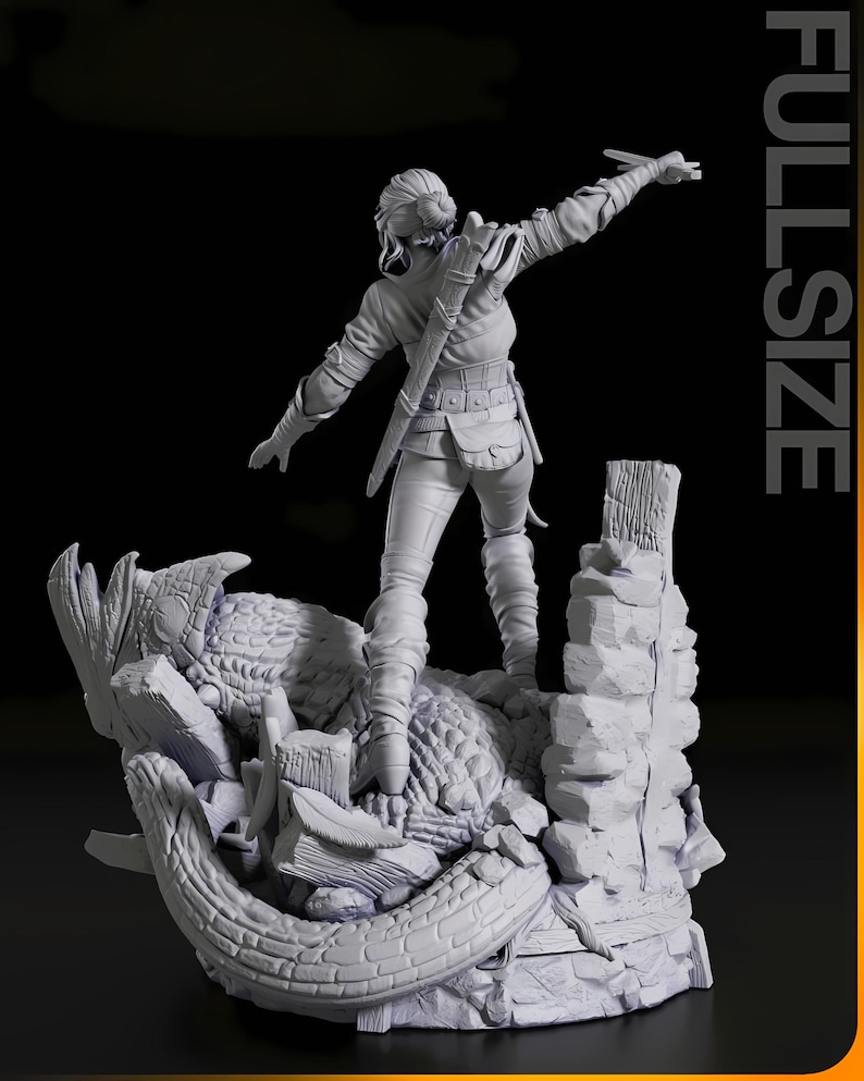 May include: A detailed, gray figurine of a woman in a combat pose, standing atop a rocky, dragon-like structure. She is dressed in fitted pants, a jacket, and boots, with a sword at her side. The word "FULLSIZE" is printed vertically on the right.