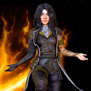 May include: A digital rendering of a person in a black and brown leather-style outfit, featuring a long coat. The outfit includes a collared shirt, trousers, and a belt with a pouch. The person has dark hair, arm tattoos, and a fiery background.
