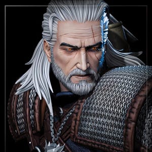 May include: A detailed bust of a character with white hair, a gray beard, and intense orange eyes. The figure wears a chainmail and leather armor, with a silver pendant visible. The sculpture has a scar on its face and a stern expression.