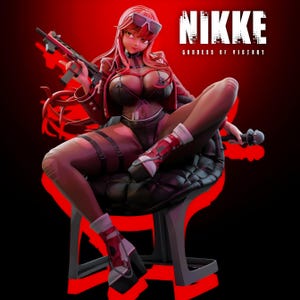 May include: A figurine of a woman with red hair, wearing a red jacket, black bodysuit, and high-heeled boots, holding a gun. The text "NIKKE GODDESS OF VICTORY" is displayed in white. The background is a gradient of red and black.
