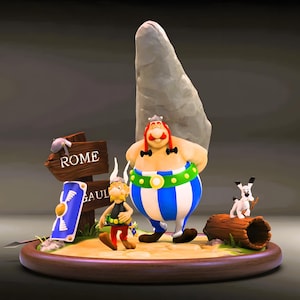 Op de afbeelding: Gedetailleerd beeldje met personages uit de Asterix-stripreeks. De scène bevat Obelix, Asterix en Idefix, samen met een wegwijzer naar Rome en Gallië. De figuren staan op een cirkelvormige basis met een grote rotsformatie.