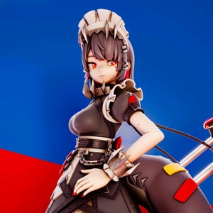 May include: A detailed 3D render of a female anime-style figure in a maid outfit. The figure has dark hair, red eyes, and a stern expression. The outfit is primarily black and white with red accents. The background is a split of blue and red.