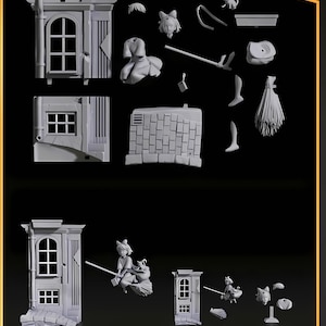 May include: A collection of 15 gray miniature parts for a 1:10 scale model, including architectural elements like windows and walls, along with figures and accessories. The image includes text that reads "15 PARTS" and "PARTS".
