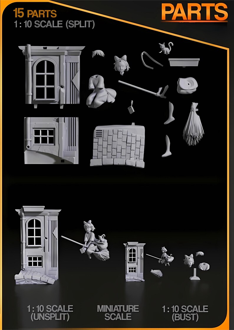 May include: A collection of 15 gray miniature parts for a 1:10 scale model, including architectural elements like windows and walls, along with figures and accessories. The image includes text that reads "15 PARTS" and "PARTS".