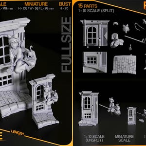 May include: A gray 3D-printed miniature architectural model with a figure, window, and brickwork. The model is available in different scales, including a 1:10 scale with dimensions of 204mm height, 113mm width, and 149mm length. The image also shows the model split into 15 parts.