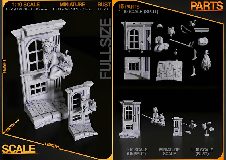 May include: A gray 3D-printed miniature architectural model with a figure, window, and brickwork. The model is available in different scales, including a 1:10 scale with dimensions of 204mm height, 113mm width, and 149mm length. The image also shows the model split into 15 parts.