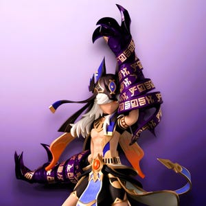 May include: A detailed figurine of a character with white hair, a mask, and elaborate costume. The figure is predominantly black, blue, and gold, with a large purple claw-like structure extending upwards. The figure is set against a gradient purple background.