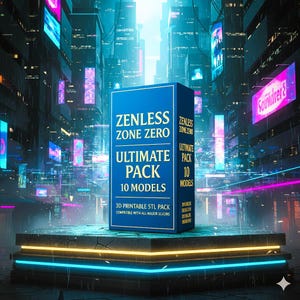 Puede incluir: Una caja azul con el texto "ZENLESS ZONE ZERO ULTIMATE PACK 10 MODELS" se muestra en una plataforma con luces de neón. El fondo es un paisaje urbano futurista con vallas publicitarias digitales y lluvia.