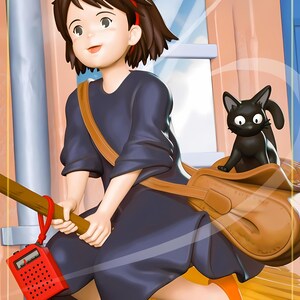 May include: A figurine of a young girl with short brown hair and a red bow, wearing a dark blue dress, riding a broom. A black cat sits in a brown satchel attached to the broom. The girl is holding a red radio.