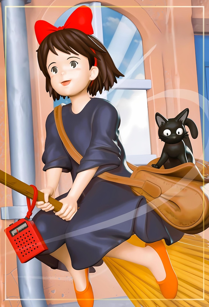 May include: A figurine of a young girl with short brown hair and a red bow, wearing a dark blue dress, riding a broom. A black cat sits in a brown satchel attached to the broom. The girl is holding a red radio.