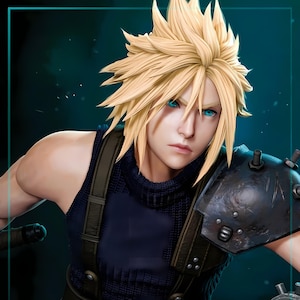 May include: Digital artwork of a character with spiky blonde hair and piercing blue eyes. The character is dressed in a dark blue turtleneck and a black armoured shoulder piece. The illustration is rendered in a detailed, realistic style.