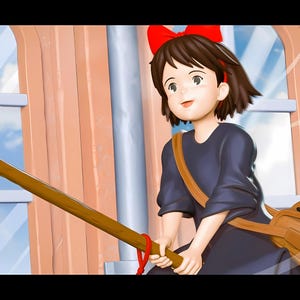 May include: A figurine of a young girl with short brown hair and a red bow, wearing a dark blue dress and a brown satchel. A black cat sits in the satchel. The girl is holding a long, wooden broom.