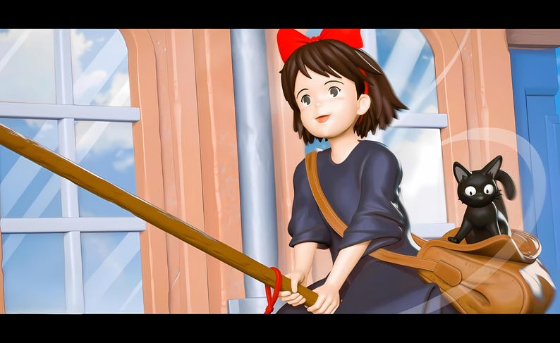 May include: A figurine of a young girl with short brown hair and a red bow, wearing a dark blue dress and a brown satchel. A black cat sits in the satchel. The girl is holding a long, wooden broom.