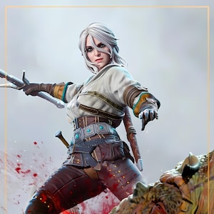 May include: A detailed action figure of a woman with white hair, dressed in a white and brown tunic, brown pants, and a belt with turquoise accents. She is holding a sword and is in a dynamic pose, with a blurred background and blood splatter.