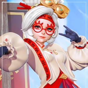 Puede incluir: Ilustración digital de un personaje con cabello blanco, gafas con montura roja y una diadema roja. El personaje viste un atuendo blanco y rojo con detalles dorados y un tocado decorativo. El personaje está haciendo un gesto con la mano.