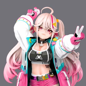 Può includere: Statuetta dettagliata di un personaggio femminile degli anime con capelli rosa e bianchi, che indossa un top corto bianco e nero, pantaloncini rosa e una giacca bianca con accenti blu e rosa. La figura fa il segno della pace.