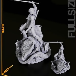 May include: A detailed gray figurine of a warrior with a sword, posed atop a dragon-like creature. The larger figure measures approximately 8.9 inches in height, 6 inches in width, and 6.5 inches in length. A smaller miniature version is also shown.