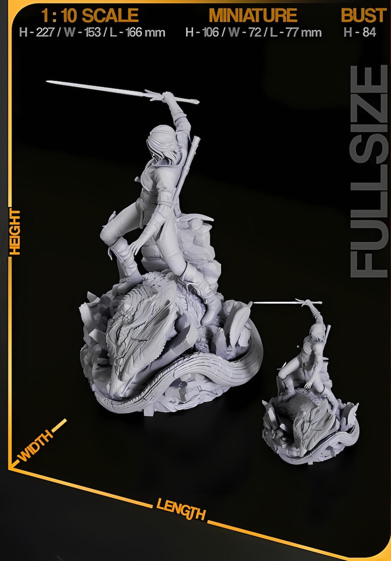 May include: A detailed gray figurine of a warrior with a sword, posed atop a dragon-like creature. The larger figure measures approximately 8.9 inches in height, 6 inches in width, and 6.5 inches in length. A smaller miniature version is also shown.