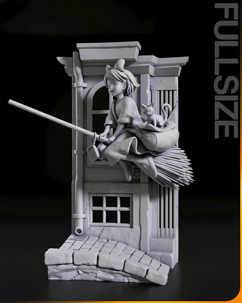 May include: A detailed, grayscale sculpture of a young witch riding a broom, accompanied by a cat. The witch is seated on the broom, which is positioned in front of a building facade with a window and a brick walkway. The word "FULLSIZE" is printed vertically on the right.