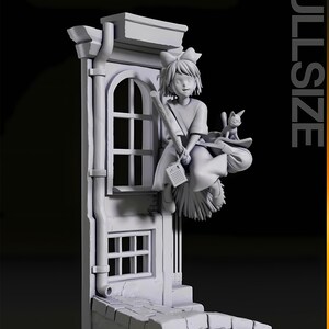 May include: A detailed, grayscale figurine of a young witch riding a broom, accompanied by a cat. The witch is seated on a broom, holding a broom handle and a small notepad. The scene is set against a building facade with a window and a drainpipe.