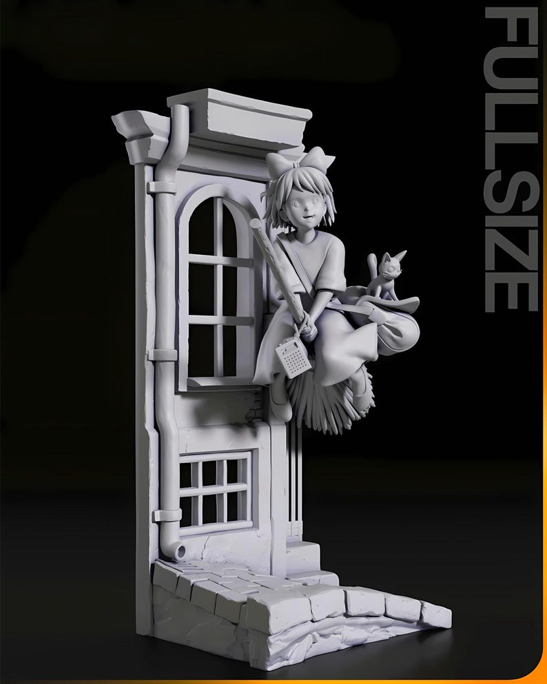 May include: A detailed, grayscale figurine of a young witch riding a broom, accompanied by a cat. The witch is seated on a broom, holding a broom handle and a small notepad. The scene is set against a building facade with a window and a drainpipe.
