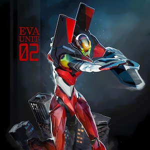 Puede incluir: Ilustración dinámica de un mecha rojo y negro, Unidad 02, de la serie de anime. La figura está en una pose de combate, con el texto "EVA UNIT 02" en rojo. El fondo presenta edificios de la ciudad estilizados y un cielo oscuro y atmosférico.