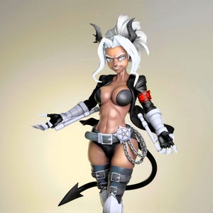 May include: A figurine of a female demon with white hair, black horns, and a black and grey outfit. The figure has a stern expression and is posed with one arm extended. A black tail curves behind her.