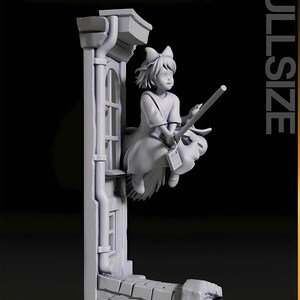 May include: A grayscale figurine of a young girl riding a broom, with a bow in her hair. The girl is holding a broomstick and a small object. The figurine is set against a backdrop of a building facade with a window.