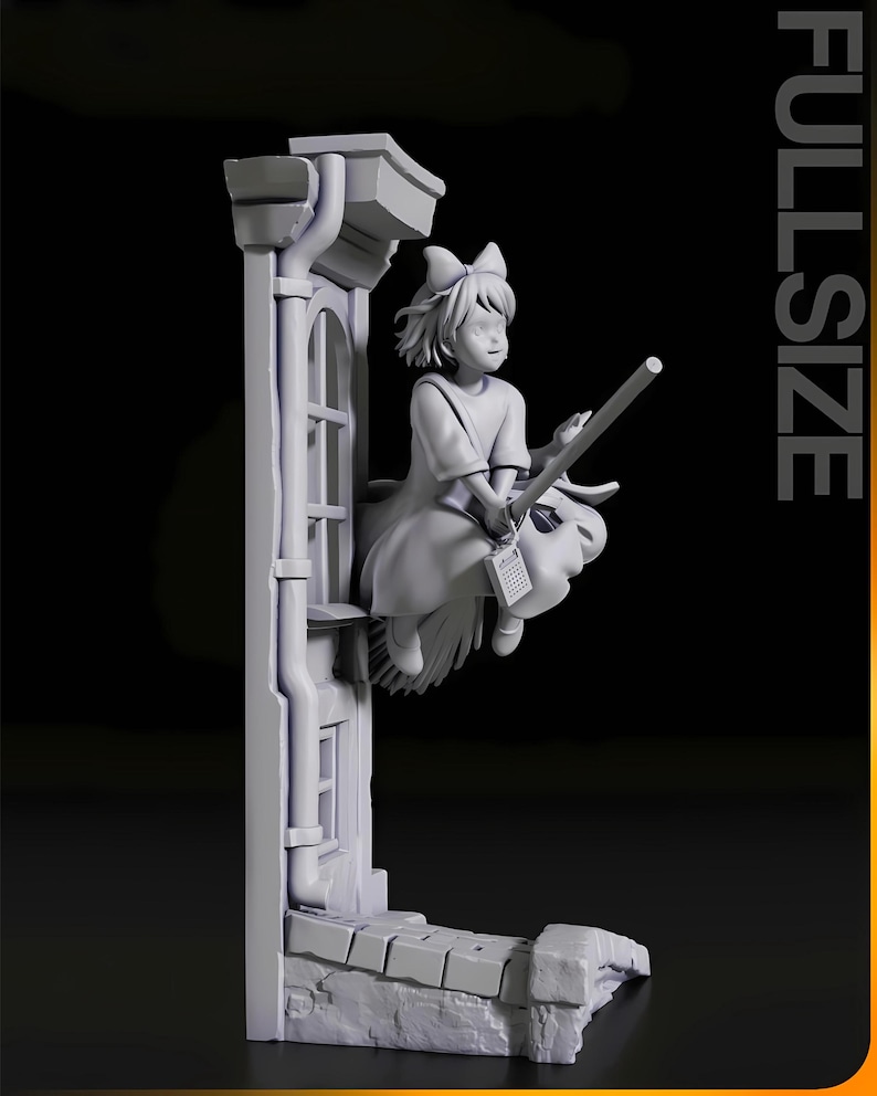 May include: A grayscale figurine of a young girl riding a broom, with a bow in her hair. The girl is holding a broomstick and a small object. The figurine is set against a backdrop of a building facade with a window.