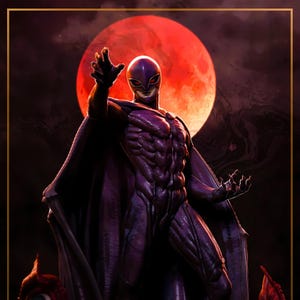 Könnte beinhalten: Digitale Illustration eines Charakters in einem lila Body und Umhang, mit einer roten Maske und einem roten Mond im Hintergrund. Die Figur befindet sich in einer dynamischen Pose, mit einem erhobenen Arm. Das Kunstwerk hat eine dunkle, dramatische Ästhetik.