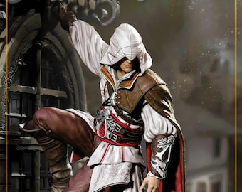 3D Printable STL Ezio Figure + Assasin&#39;s Creed Bust | Premium Anime Geek File | Otaku Collectible Art