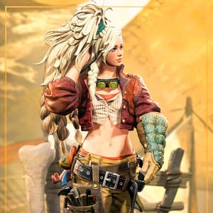 以下が含まれることがあります： 長い金髪の女性キャラクターのデジタルイラスト。赤いジャケット、ストライプのシャツ、ツールベルト付きの作業ズボンを着用しています。首にゴーグル、機械的なアームガードをしています。