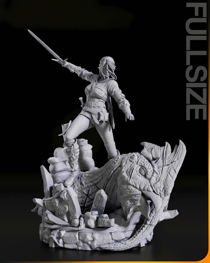 May include: A detailed gray figurine of a warrior woman holding a sword, standing atop a dragon-like creature. The figure is in a dynamic pose, with the sword raised. The base features rock formations and the word "FULLSIZE".