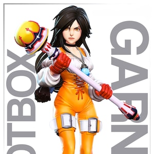 以下が含まれることがあります： 長い黒髪の女性キャラクターの精巧なフィギュア。オレンジ色の衣装を着て、杖を持っています。杖は装飾的なデザインの黄色い頭を持っています。フィギュアは赤い手袋と白いアクセントがあります。「GARN」という文字が見えます。