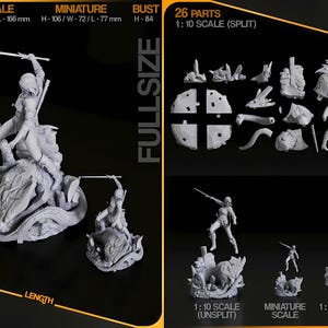 May include: A gray 3D-printed figurine of a warrior with a sword, atop a monster, with a miniature version and bust. The image includes a split version with 26 parts. The full-size figure is 22.7 cm high, 15.3 cm wide, and 16.6 cm long.