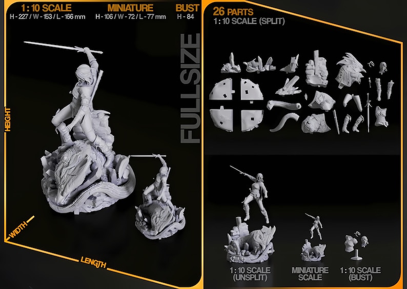 May include: A gray 3D-printed figurine of a warrior with a sword, atop a monster, with a miniature version and bust. The image includes a split version with 26 parts. The full-size figure is 22.7 cm high, 15.3 cm wide, and 16.6 cm long.
