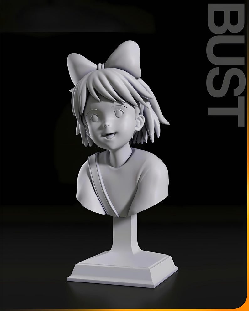May include: A gray bust sculpture of a young girl with a large bow in her hair. The sculpture has a detailed face and is mounted on a pedestal. The word "BUST" is printed vertically on the right side of the image.